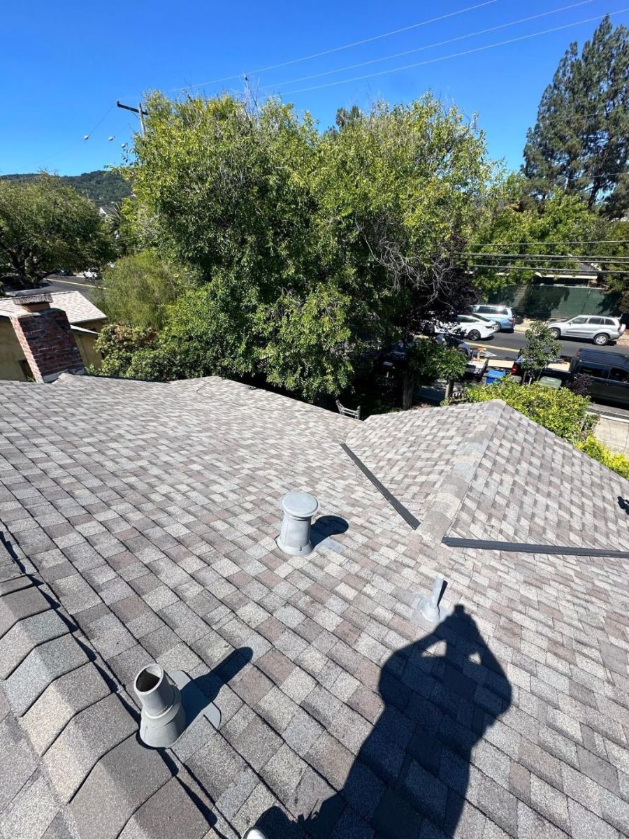 Finished grey asphalt shingle roof with plumbing vents