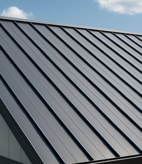 Dark standing-seam metal roof against a blue sky